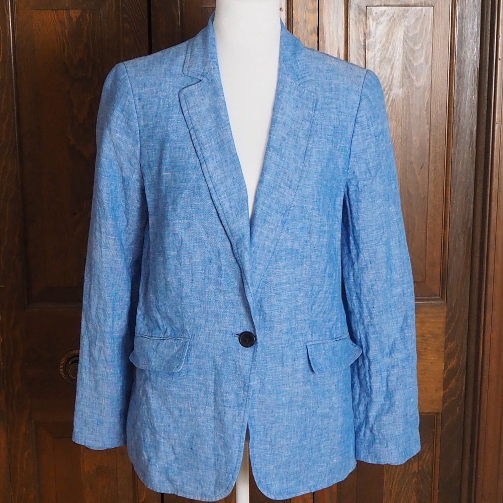 Talbots Casual Linen Blazer Women's Size 8 French Blue Chambray Classic Tailored